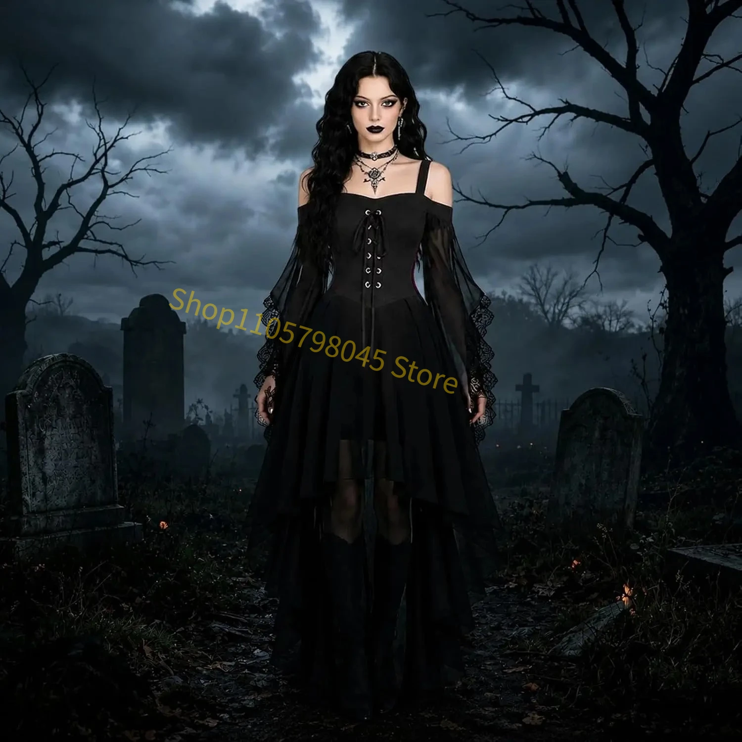 Women Medieval Gothic Vampire Witch Costume Butterfly Mesh Long Sleeve Irregular Hem Dress, For Halloween Carnival Theme Party