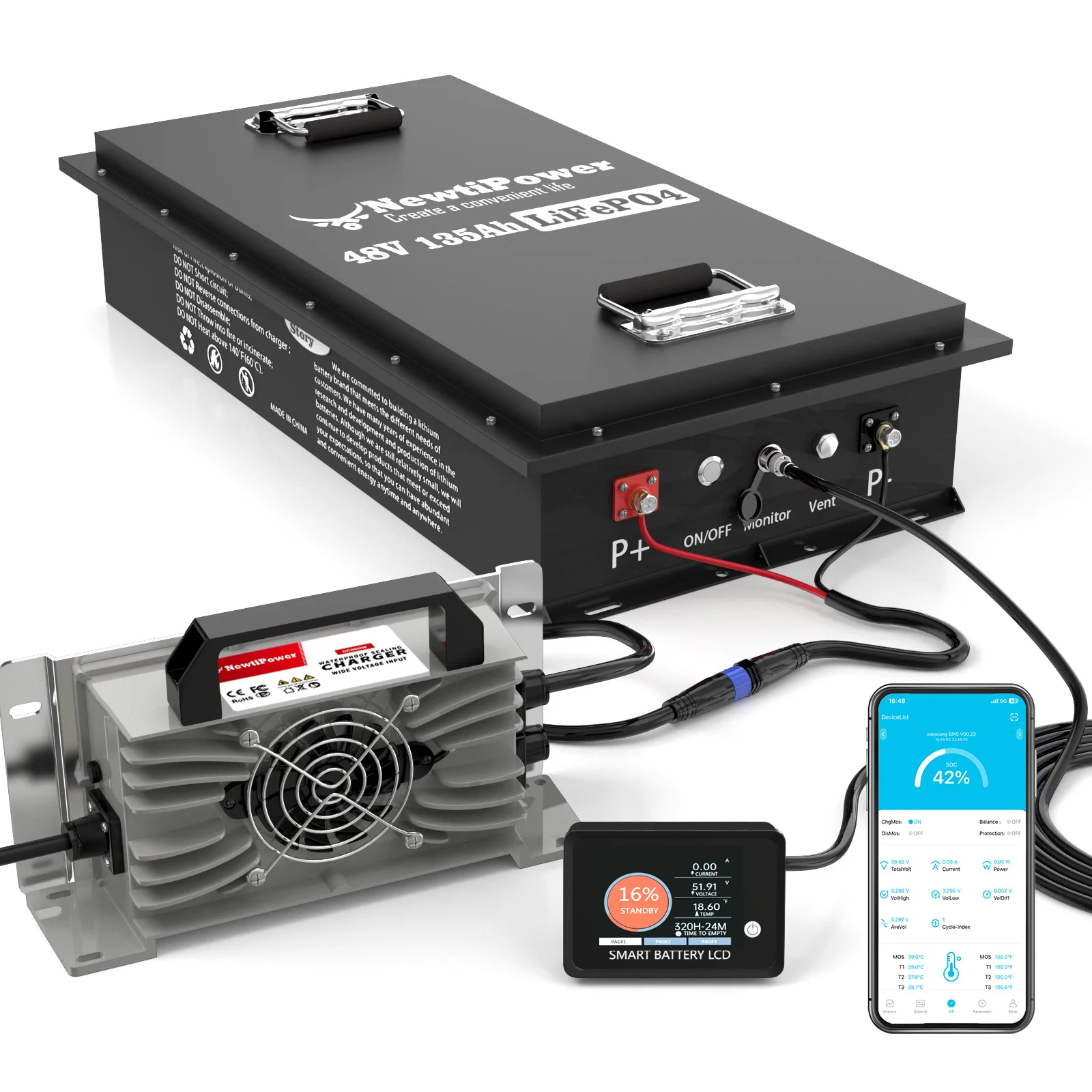 48V 135Ah LiFepo4 Lithium Battery with 200A Bluetooth BMS&APP, 10 Years-Lifetime, Perfect for Golf Carts, Boat, Trolling Motor, Lawn Mower, Solar, Off-Grid Life (48, Volts (DC)) newtipower