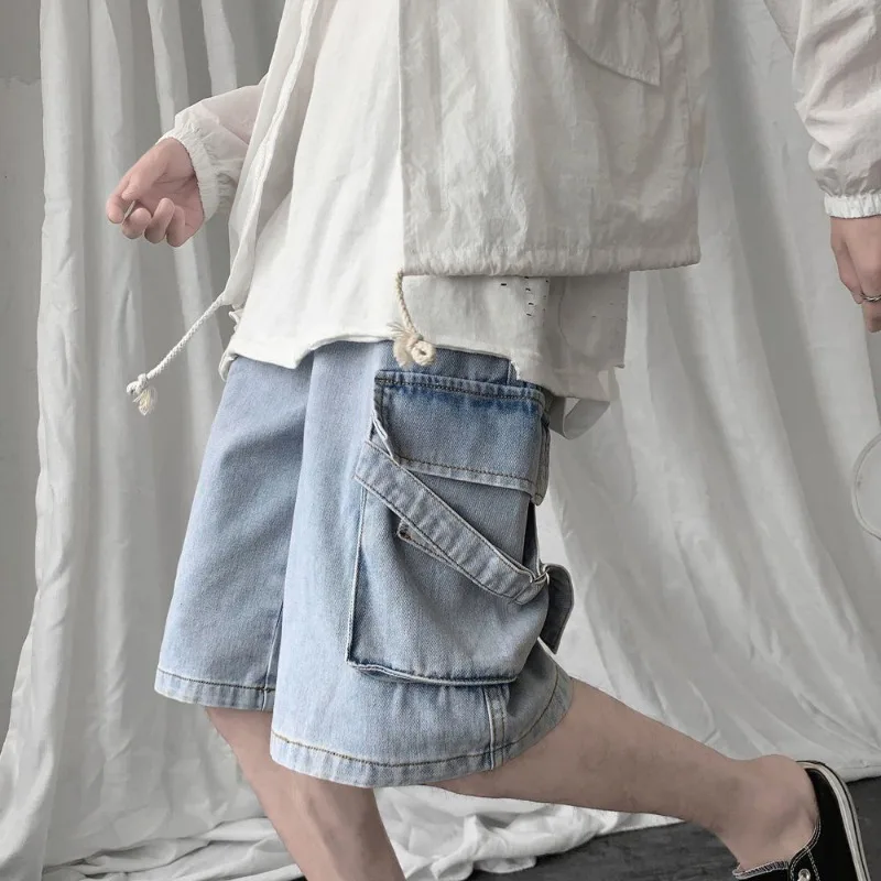 Men's Light Wash Denim Shorts Summer Workwear Straight Cut Relaxed Fit Knee-Length Wide-Leg Trendy 2026 Casual