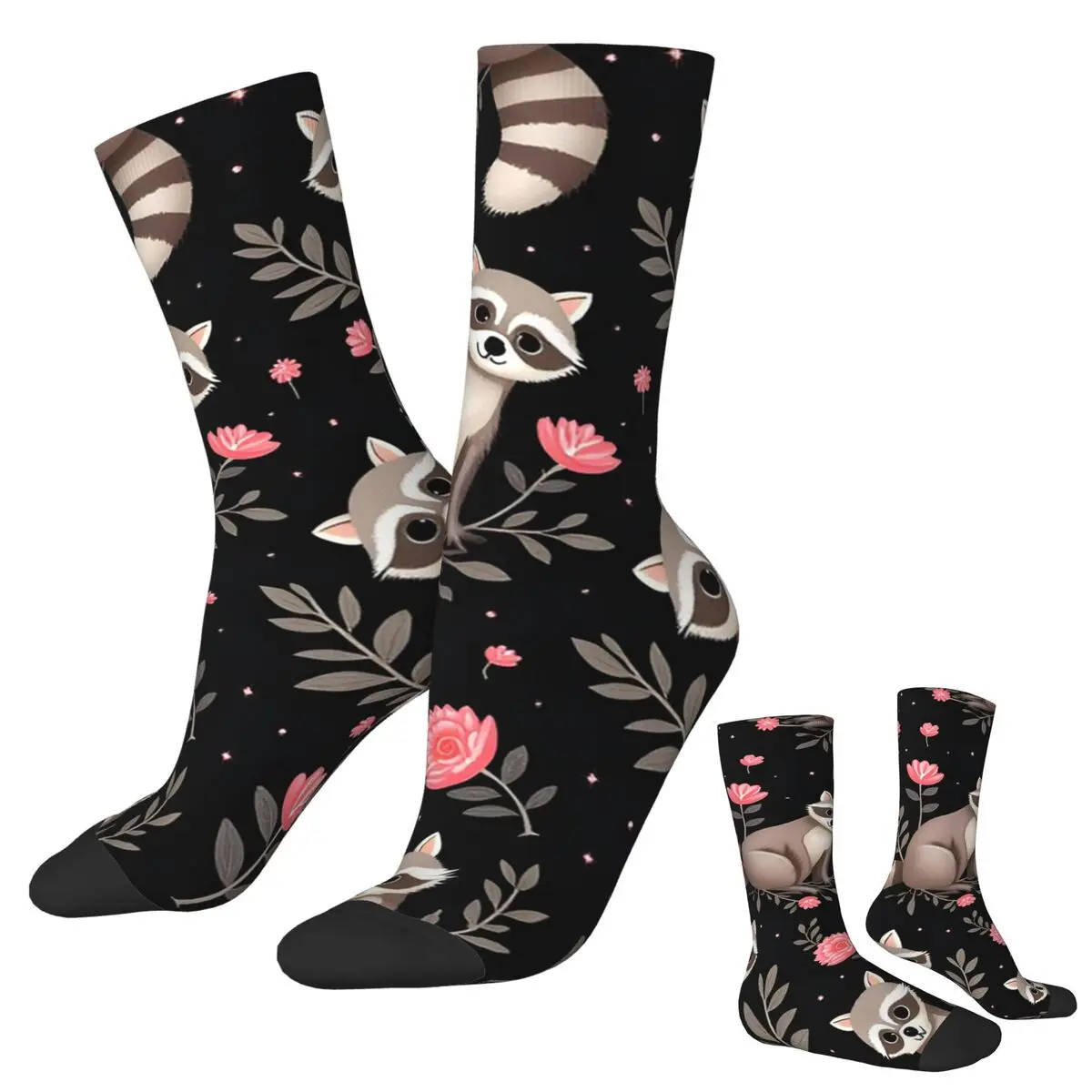 All Seasons Crew Stockings Vintage Raccoons With Flower Pattern Socks Fashion Long Socks for Men Women Valentine's Day Gifts