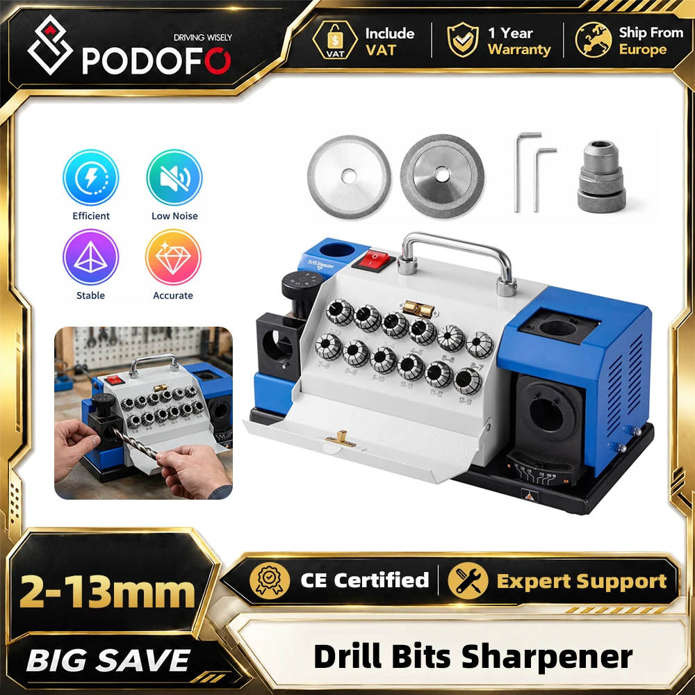 Podofo 2mm-13mm Elektrischer Bohrerschärfer 220V 90 ° -145 °   Verstellbarer Winkel Doppel-Schleifscheiben mit 12 Spannzangen Automatischer Spiralbohrer-Schleifer Schleifmaschine