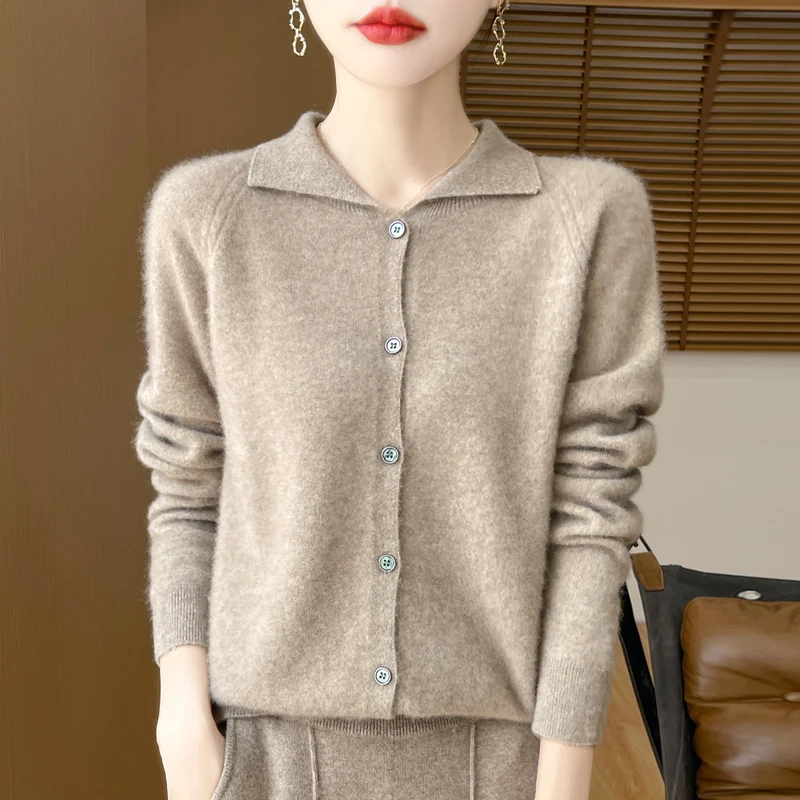 New 100% Wool Cardigan Sweater Women Turn-down Collar Long Sleeve Top Solid Color Autumn Winter Female Knit Casual Warm Jacket