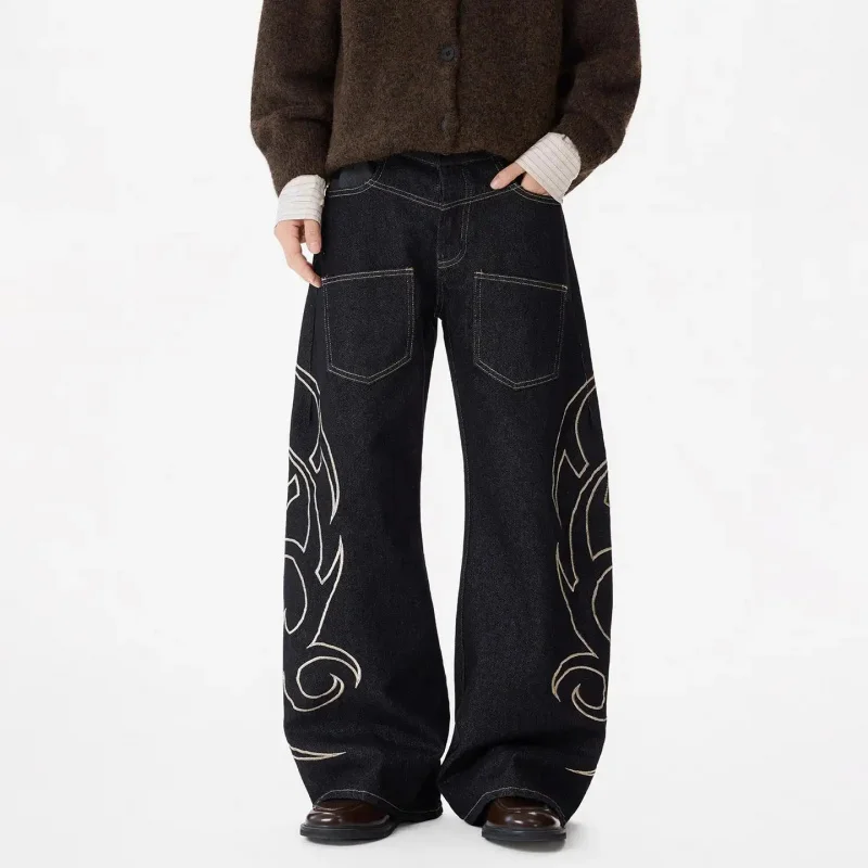

2026 Japanese Trend Jeans for Men with Embroidered Print Design, Loose Fit, Wide Leg, Stylish Fashion, Curved Denim Pants