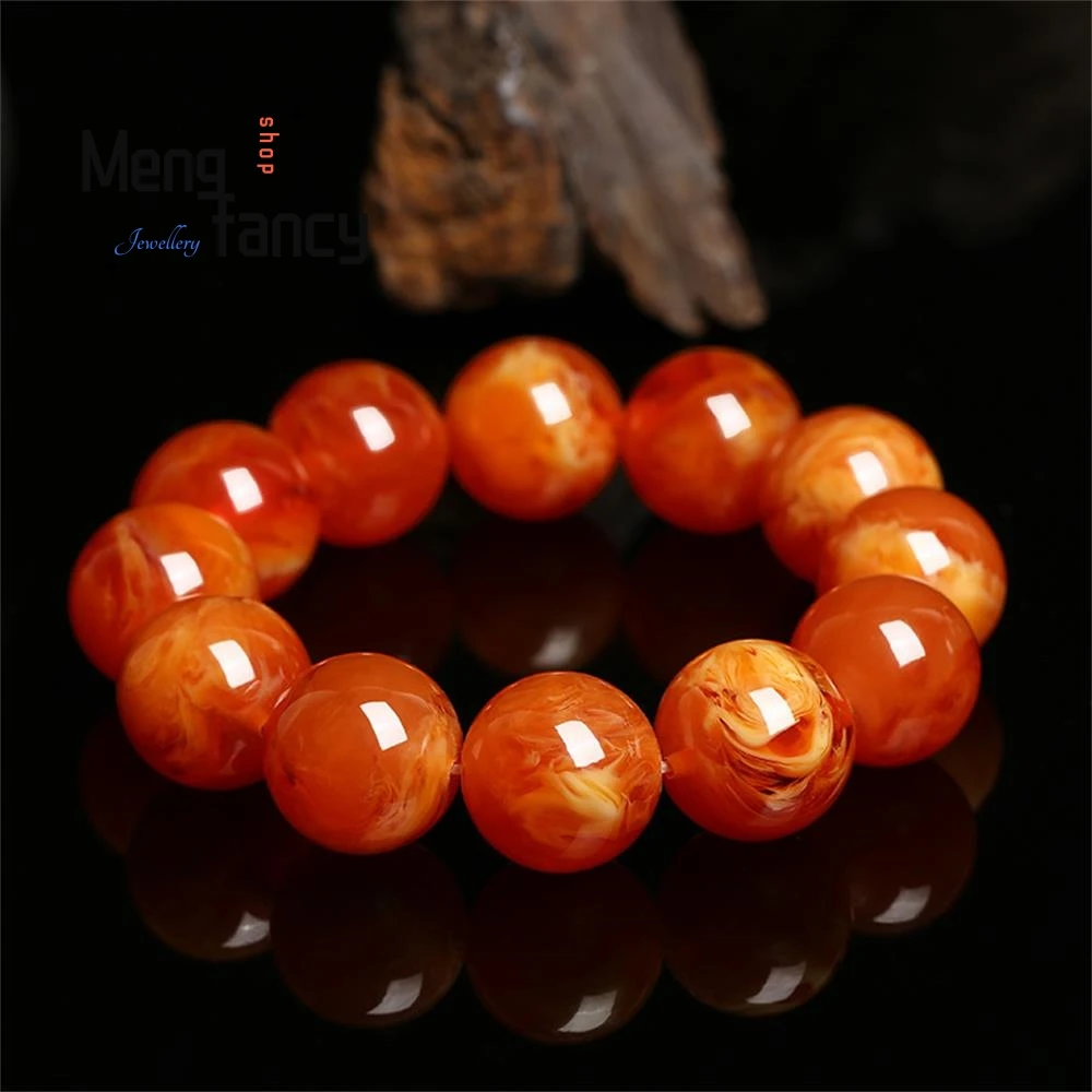 Natural Vintage Old Wax & Chicken Oil Yellow Amber Round Bead Bracelet Glossy Warm Tone Elastic Wristband Couple Fashion Jewelry
