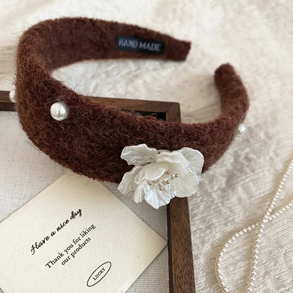 

Korean Style Flocking Flower Headband Exquisite Sweet Floral Pearl Hair Hoop Vintage Non-Slip Wide Edge Hairband Women