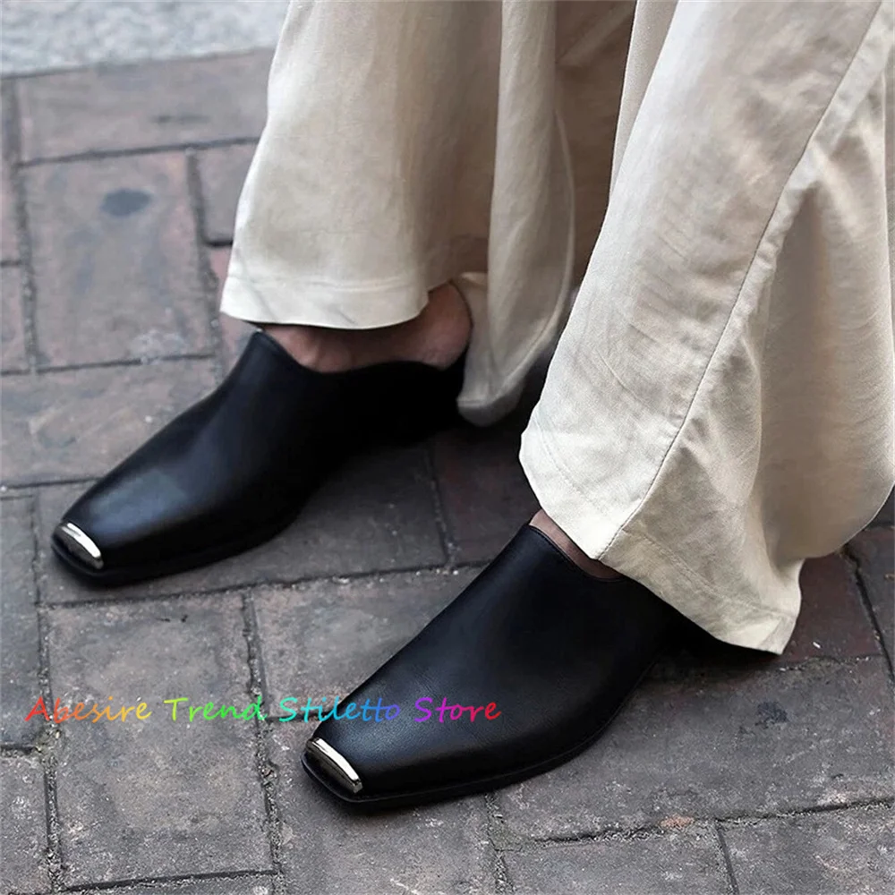 

Metal Embellishes Roman Style Casual Mules Slip on Loafers Slippers Men's Real Leather Slip On Block Heel Slingback Shoes