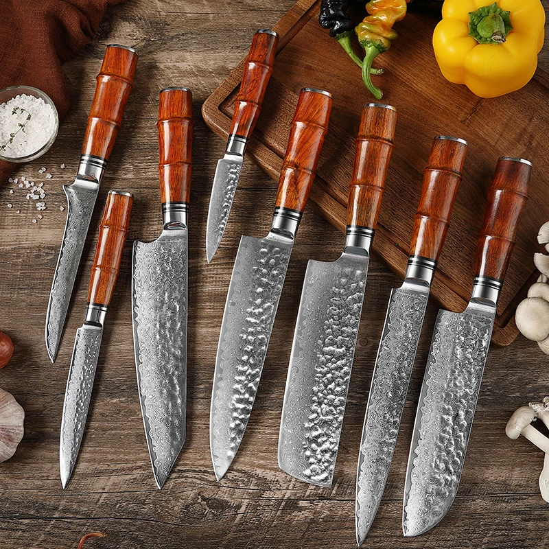 TJ POP Forged 8 Pcs Kitchen Knives Set Damascus Steel Sharp Japanese VG10 Santoku Utility Kiritsuke Boning Nakiri Chef Knife