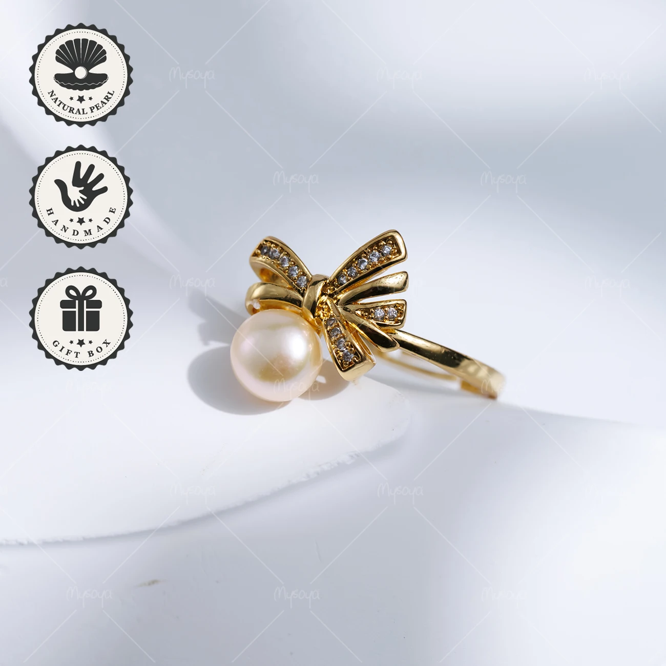

MYSOYA 6-7mm Pink Freshwater Pearl Open Ring Golden Bow With Gift Box Birthday Gift Valentine’s Day