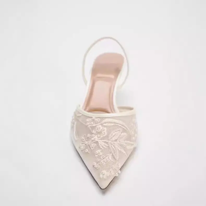 أحذية TRZA النسائية للخريف والشتاء، منتج جديد أبيض، شبكة ذات فم ضحل، كعب عالٍ، مقدمة مدببة عالية، تطريز مكشوف #5