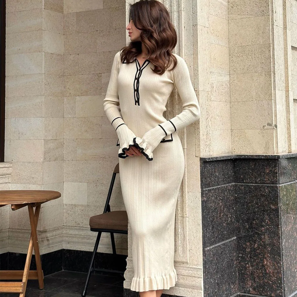 Talenza Knitted Ruffle Lapel Dress Women's Elegant Long Sleeve Vintage Dress Fashion Contrast Pocket High Waist Knitted Dress