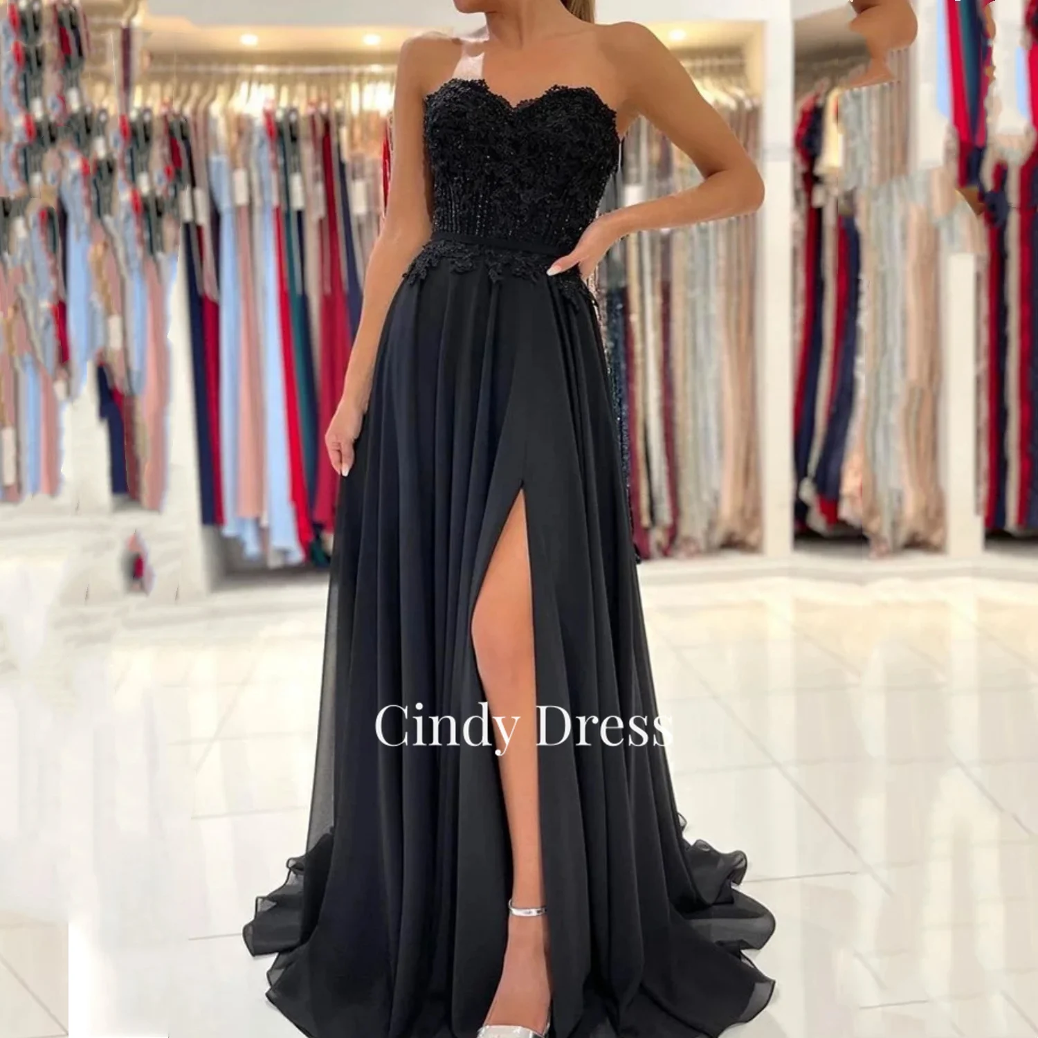 

Cindy Black Beads Lace A-line Off-shoulder Sweetheart Luxury Evening Dress 2023 Cocktail of Dresses Party Woman Ladies Women New