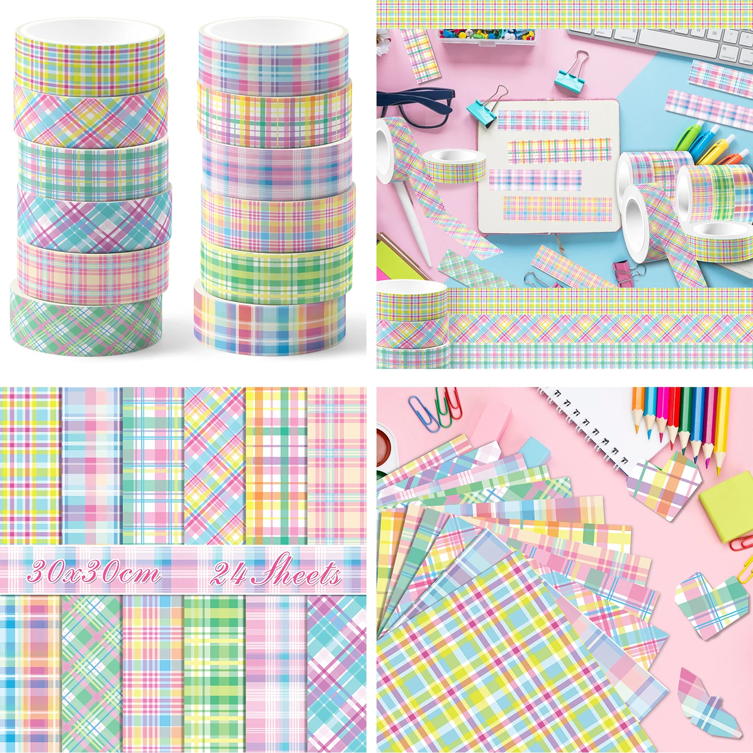 Buntes kariertes Washi-Tape und Scrapbooking-Papier, Fotoalbum, Dekor, Kartenherstellung, Scrapbook, Origami-Kunst, Hintergrund, DIY-Basteln