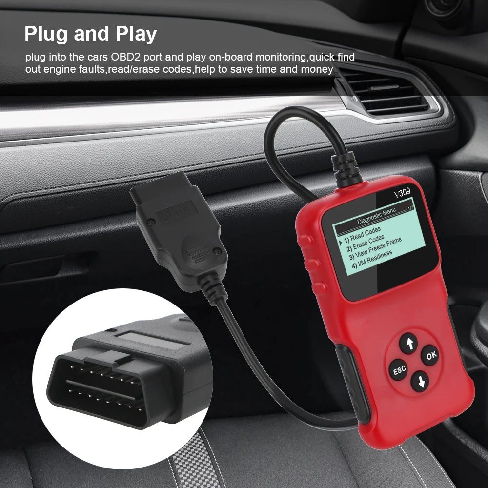 Car Diagnostic Tool V309 OBD2 Code Reader OBD 2 Scanner OBDII Digital Display Plug and Play ELM 327 Auto Accessories