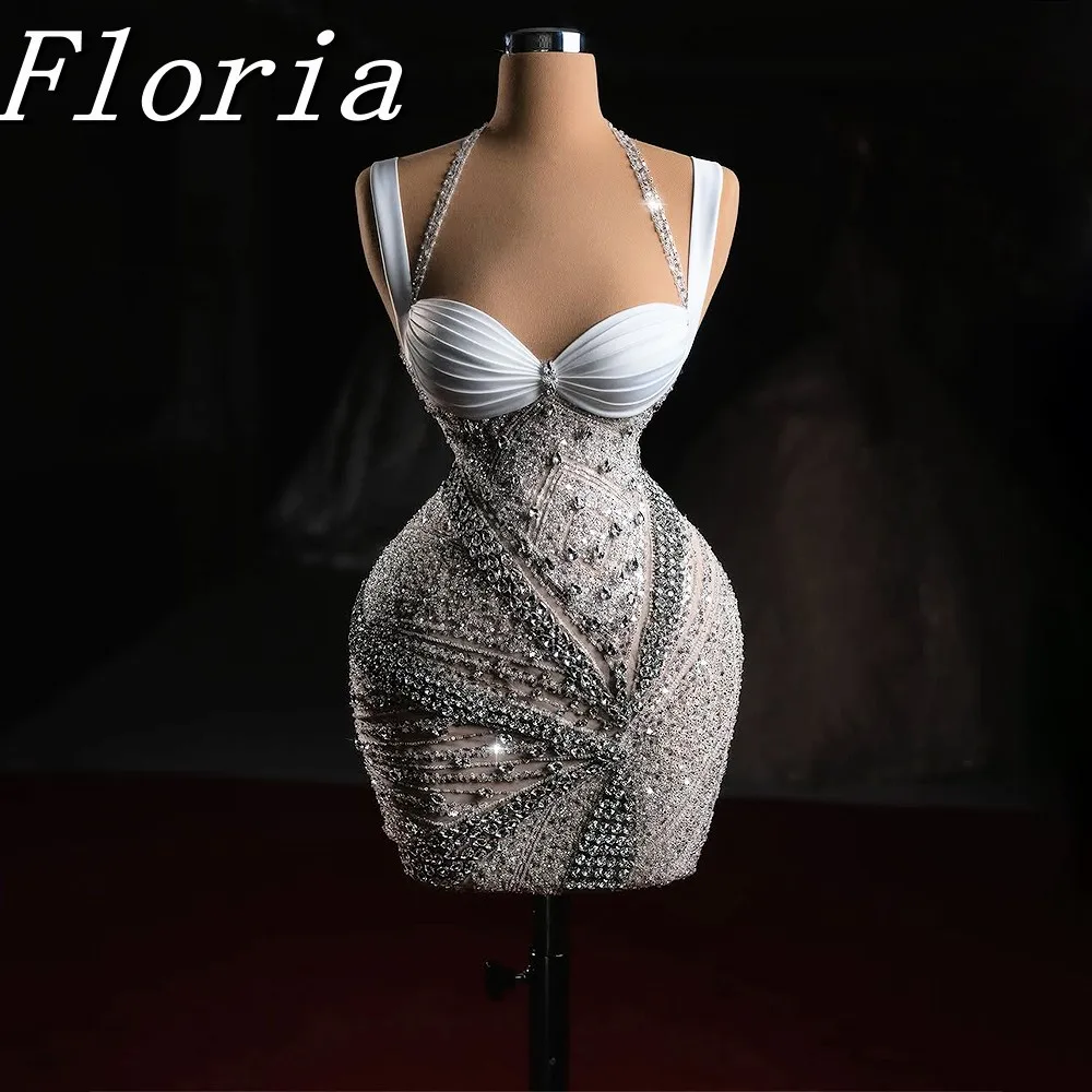 

Sexy Plunging Neck Short Beading Prom Dress Handmade Crystals Sleeveless Graduation Dresses 2025 Sparkly Homecoming Dress