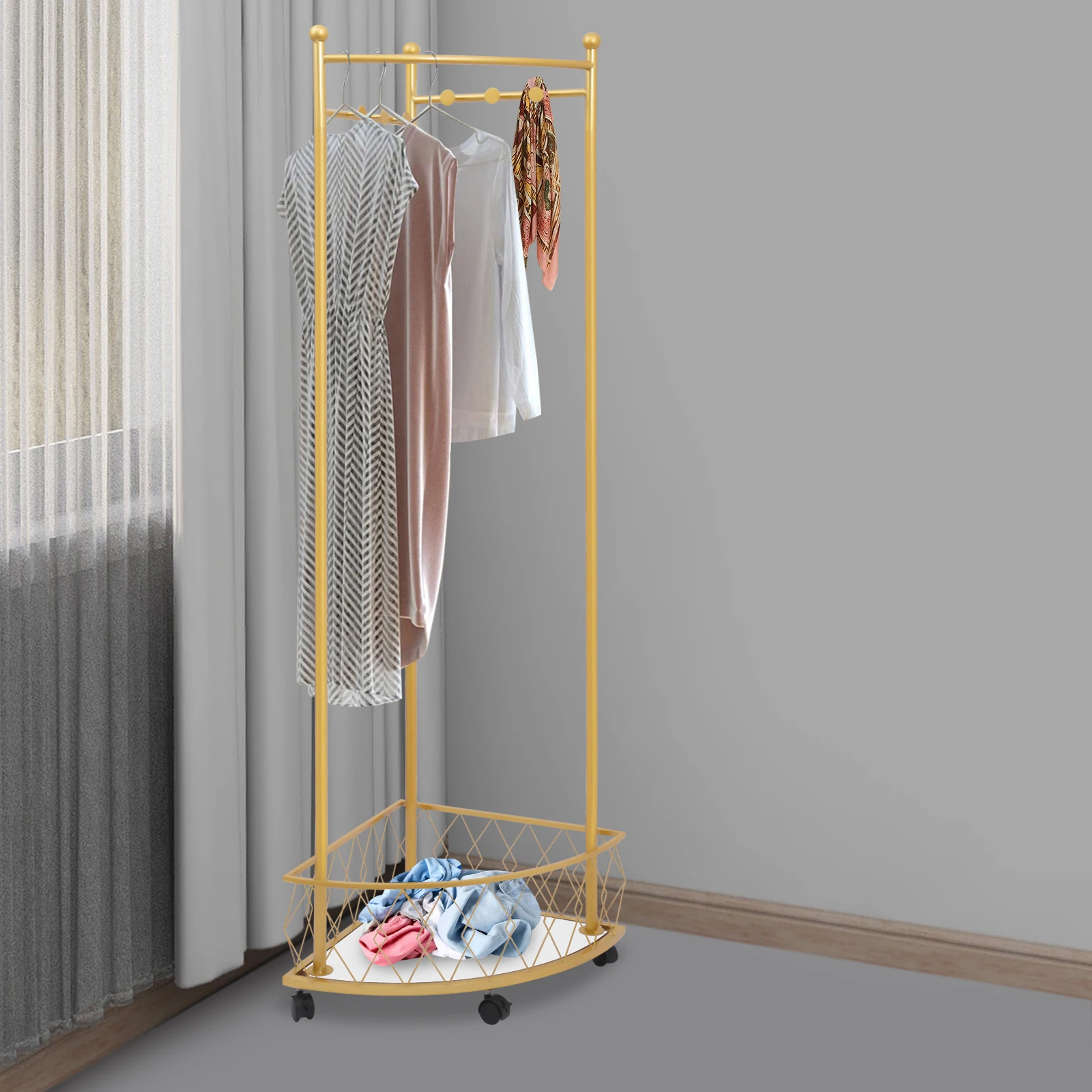 

Золотая напольная вешалка для одежды на колесиках, угловая, вращающаяся на 360° ° Вращающаяся передвижная вешалка для одежды для спальни и прихожей