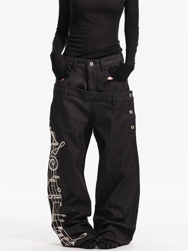 Women's Musical Note Printing Pattern Pants Street Wide Leg Bottoms Casual Sweatpants Female High Waist Trousers Women