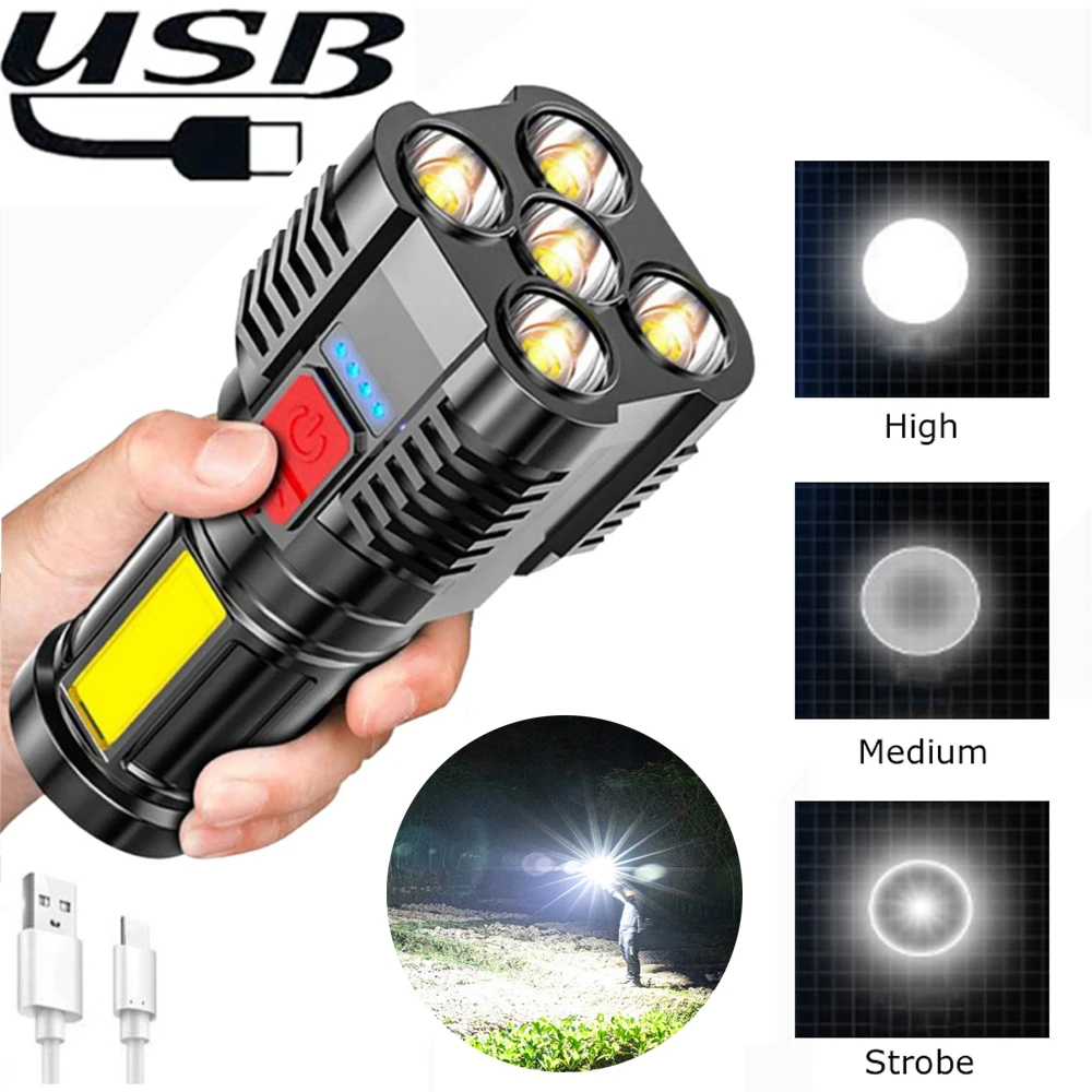 5 LEDs Flashlight Waterproof ABS Spotlight USB Rechargeable Portable Outdoor COB Flood Light 4 Lighting Modes for Outdoor Use