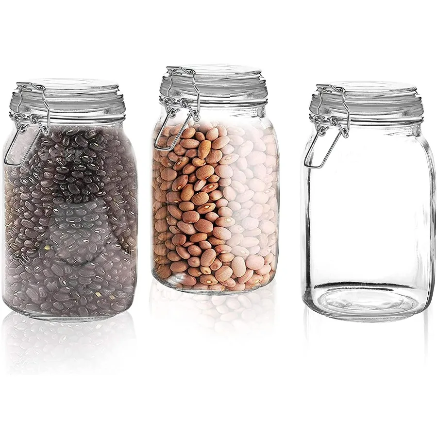 Juego de 3 tarros de vidrio herméticos con tapas seguras, 50 onzas cada uno, ideal para almacenar alimentos, harina, pasta, café, dulces, golosinas para perros a
