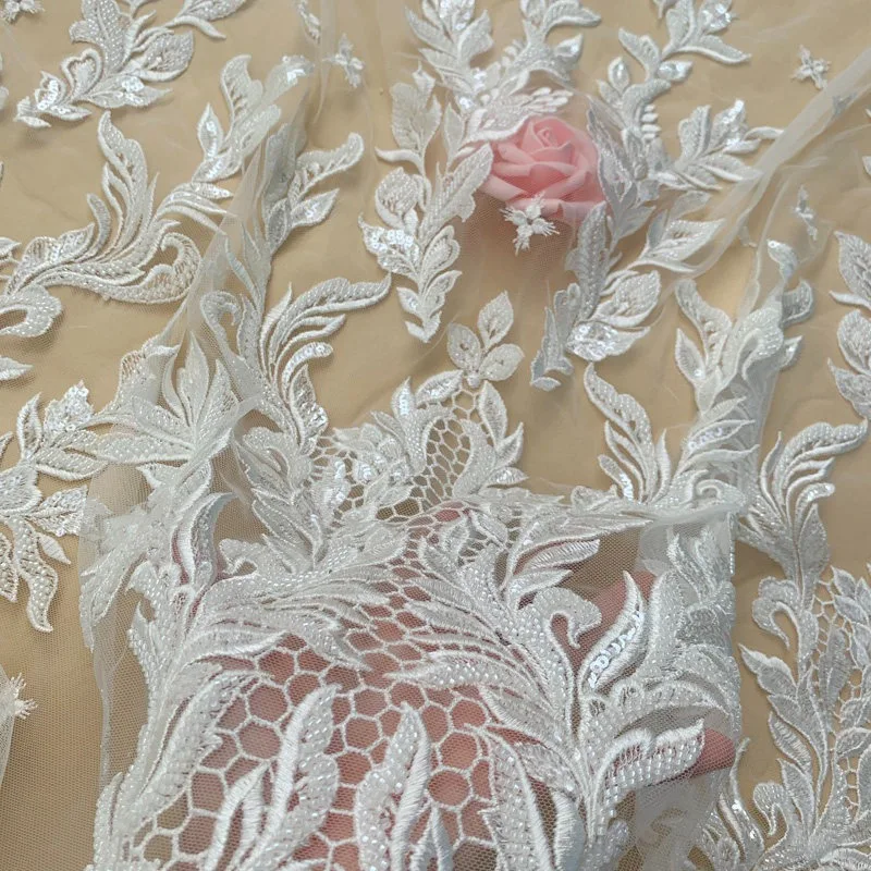 Luxury European Style Embroidered Full Beaded Lace Fabric Off White for Wedding Dress Bridal Gown and Formal Occasion Decoration