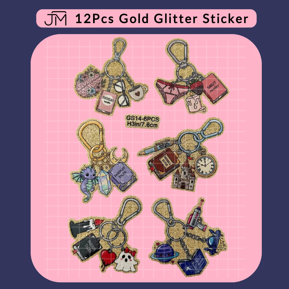 6pcs Romance Mystery Bookish Keychain Gold Silver Glitter UV DTF Stickers Sparkling Decal For Cup Mug Notebook Paper DIY Craft