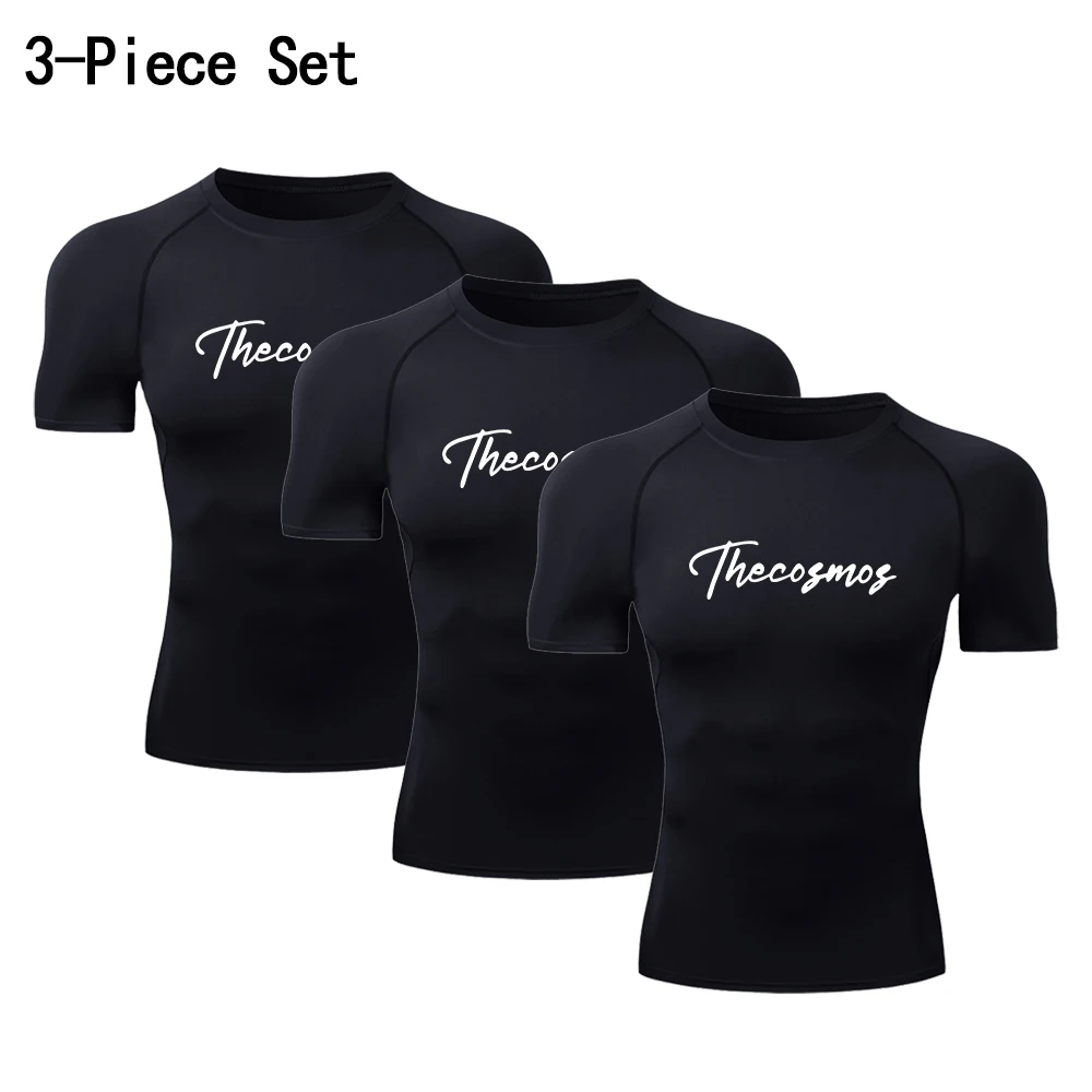 Men's Quick Dry Compression T-shirts 3-Pack Black Thecosmos Script Print Workout Shirts for Gym Training Running Fitness