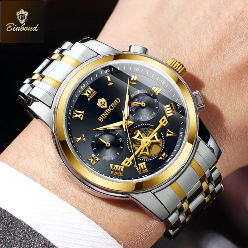 BINBOND модные трендовые мужские кварцевые часы со светящейся стрелкой, хронограф с фазой Луны, водонепроницаемые оригинальные мужские часы из нержавеющей стали
