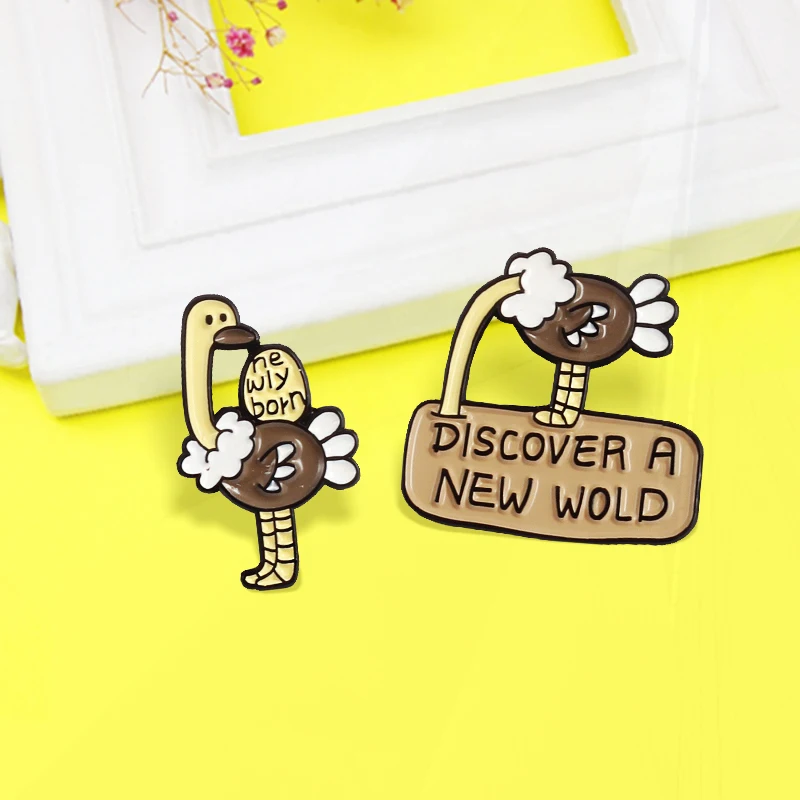 A NEW WOLD' Custom Pin Lapel Badge For Kids Jewelry Cute Ostrich Flamingos Animal Enamel Pins Big bird 'newlyborn,DISCOVER