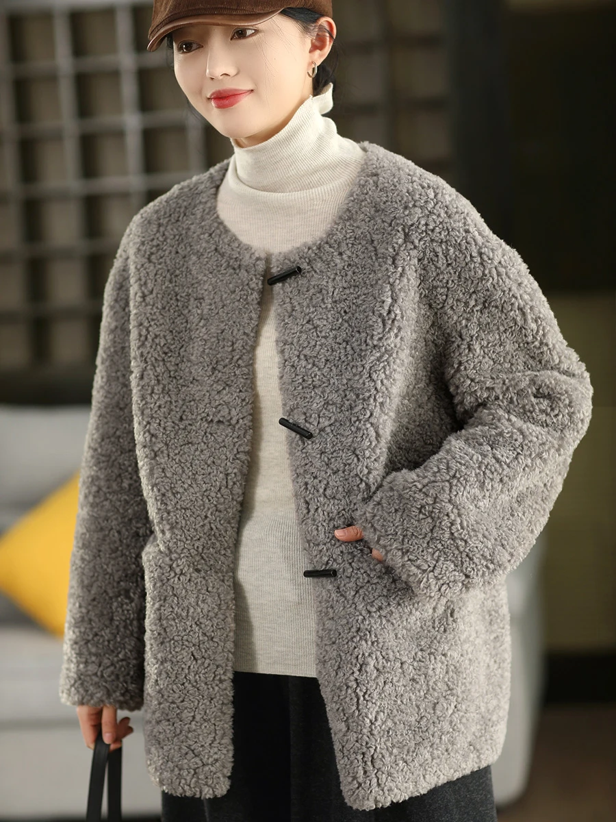 

Retro Buttoned Thiened Lamb Fur Jaet Winter Mid-Length Warm Suede ka Fur Women's Cotton Clothes round Ne Single Button