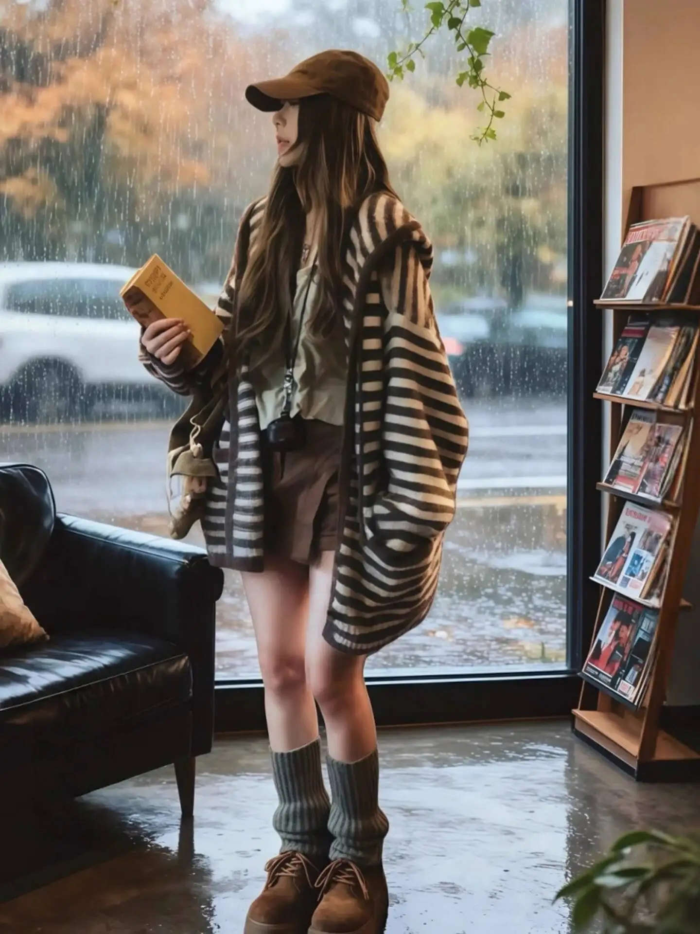 

Осень 202, женские толстовки, кардиган, корейский стиль, ленивый стиль, кардиган в кофейную полоску, средней длины, с капюшоном и длинными рукавами, открытый передний топ