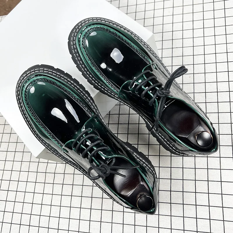 

2024 New Summer Leather Casual Thickness Leather Shoes Men's Korean Glossy Soft Sole British Business Dress Shoes Green Black