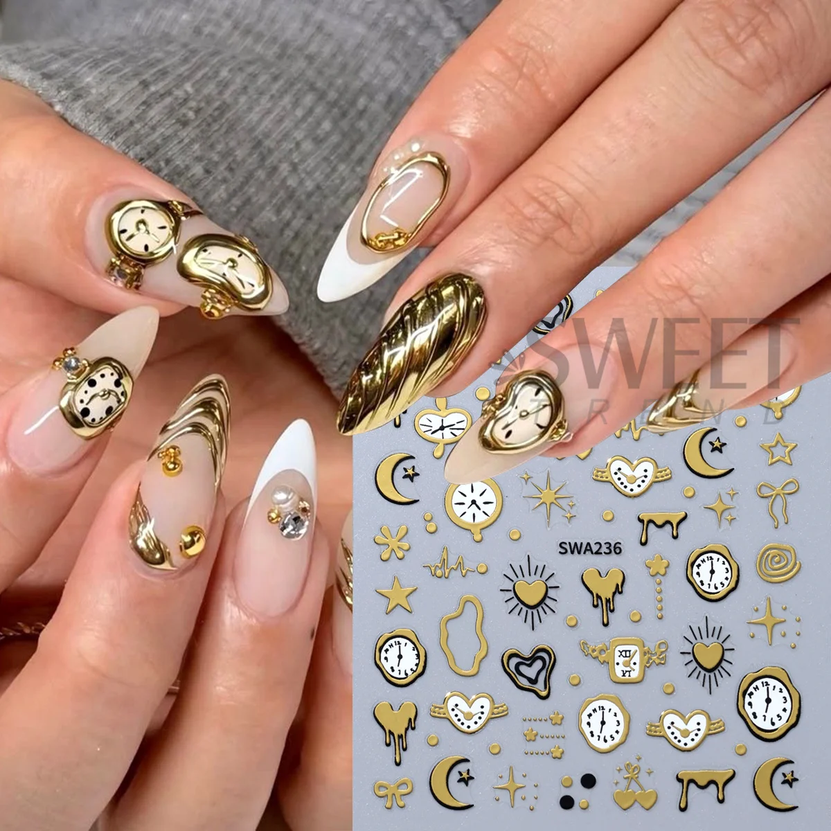 3pcs Bronzing Clock Nail Sticker Y2K Heart Star Moon Bow Retro Watches Design 3D Decals DIY Charm Halloween Style Manicure Foils