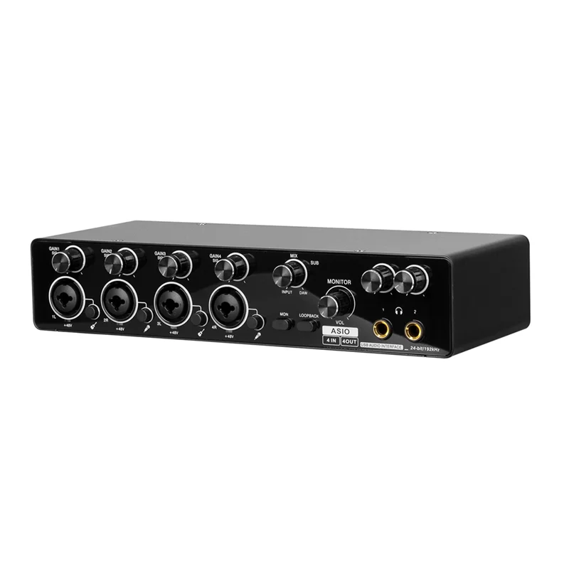 ABAC-voor studio- en live-opname Compatibele 4-kanaals USB-audio-interface Geluidskaart Microfoonvoorversterker en ASIO-ondersteuning