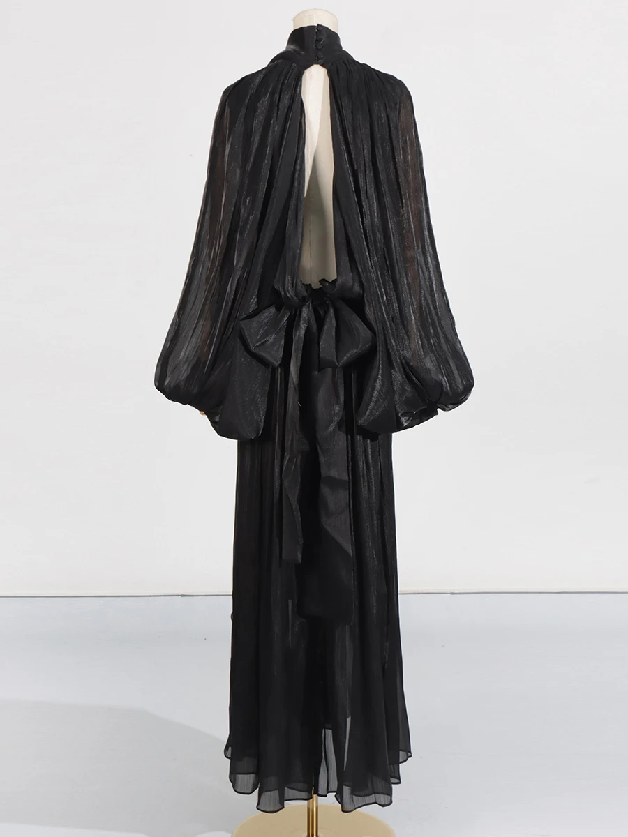 CHICEVER Luxury Chic Prom Robe for Women Scarf Collar Lantern Sleeve High Waist Temperament Pleated Evening Dress Female Clothes
