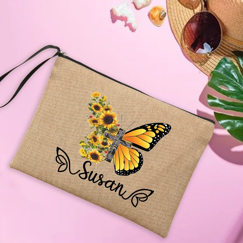 Custom Name Women\'s Linen Makeup Bag Personalised Butterfly Travel Clutch Bags Beach Sunglasses Sunscreen Storage Pouches Gifts