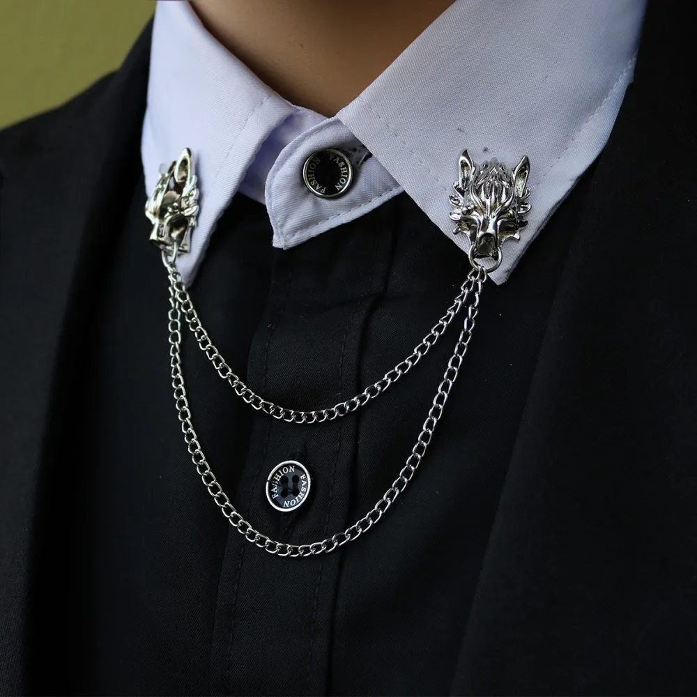 Personalized Men\'s Wolf Head Chain Tassel Brooch Shirt Collar Pin Hairstylist Nightclub Fashion Wedding Jewelry Accessories Gift