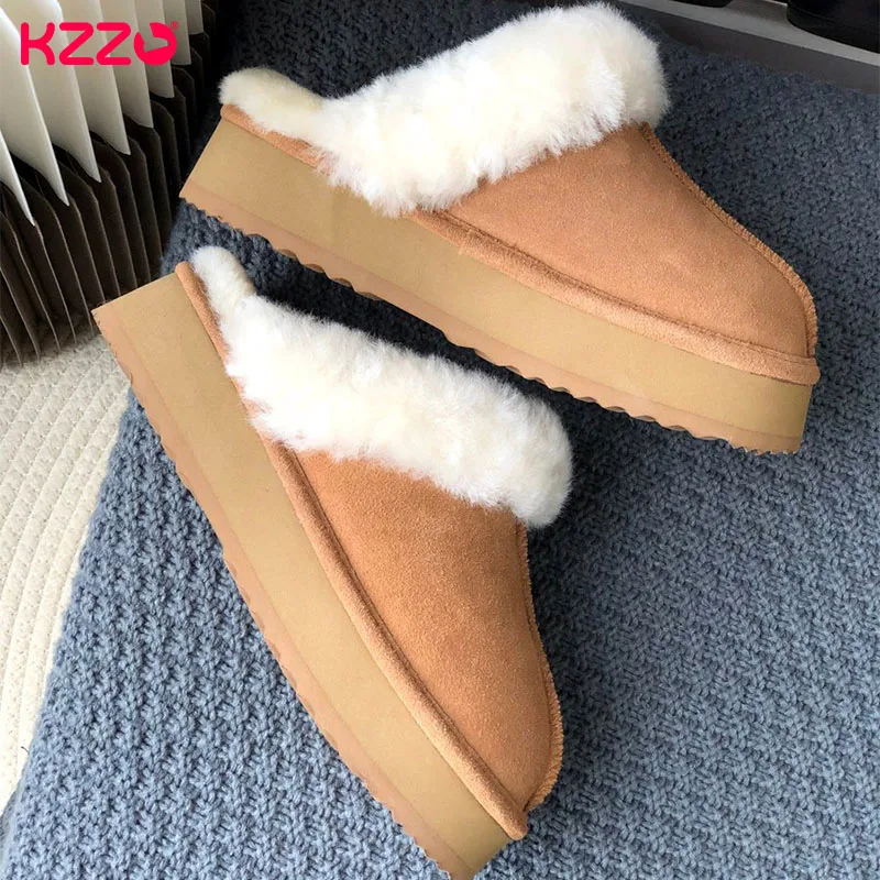 KZZO New Fashion Winter Sheepskin Fur Home Women's Thick Sole Slippers Casual Indoor Soft Wool Slippers Lady Warm Home Shoes