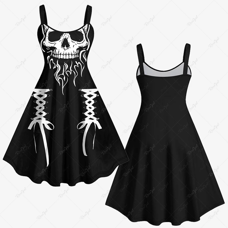 2023 New Plus Size Women's Halloween Costume Skull Skeleton Flame Lace Up 3D Printed Spring Summer Daily Casual Cami Tank Dress