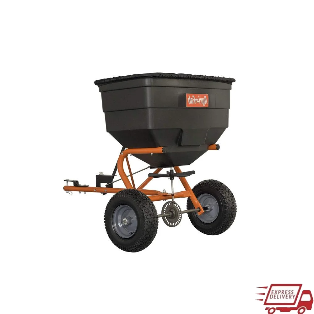 185 lb. Tow-Behind Lawn & Garden Broadcast Spreader Seed Fertilizer Salt Ice Melt; USA Made 1 Acre Coverage 12 ft. Spread Width