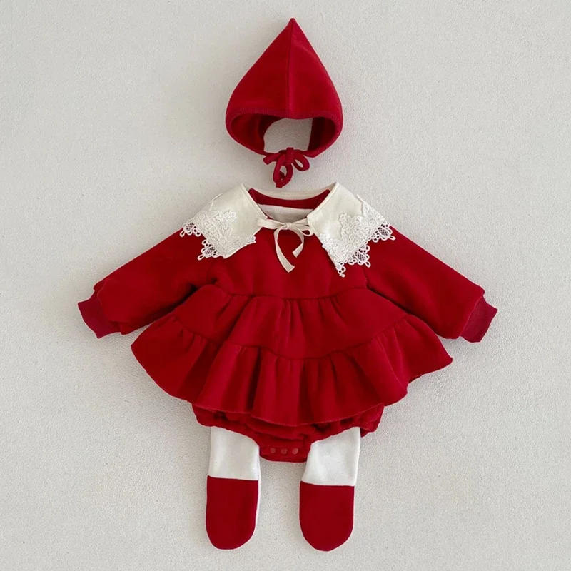 Newborn Baby Girl Christmas Romper Dress Winter Red Princess Bodysuit with Hat for Infant Cotton Thick Kids Clothes Girls 0-18M