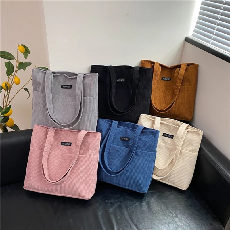 กระเป๋า Tote สำหรับผู้หญิง Corduroy กระเป๋า Lady กระเป๋าแฟชั่นสีทึบกระเป๋าถือนักช้อป