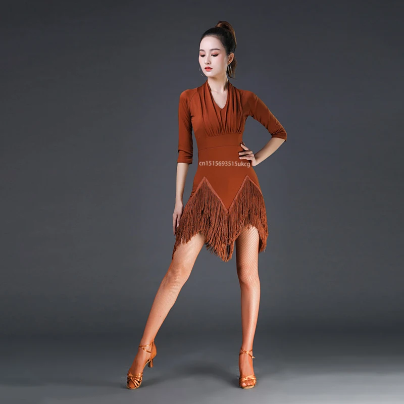 Damska sukienka z frędzlami do tańca latynoskiego dla dorosłych kobiet konkurs tańca kostiumy sceniczne Salsa ChaCha Rumba sukienka do tańca nowość