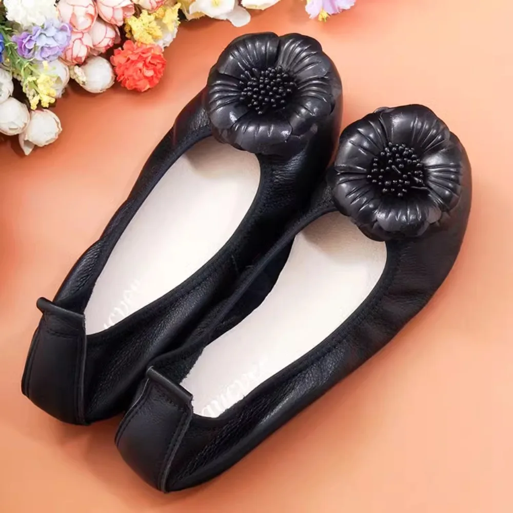 2024 New Summer Women Cutouts Genuine Leather Shoes Comfortable Flower Flats Nurse Casual Handmade Ballet Flats Gold Silver