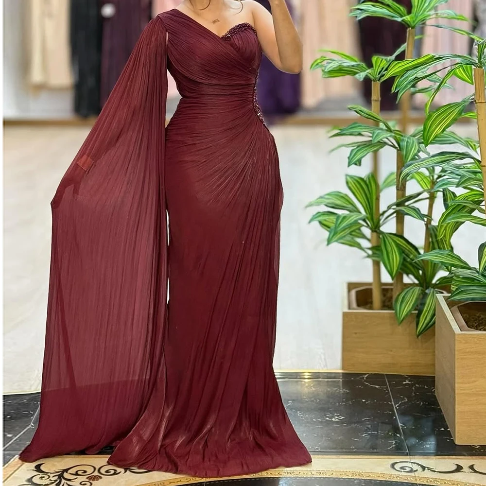 

Customized A-line Evening Dresses Floor-length One-shoulder Sleeveless Prom Gown Fashion Crystal Pleat Stole Draped Party Gown