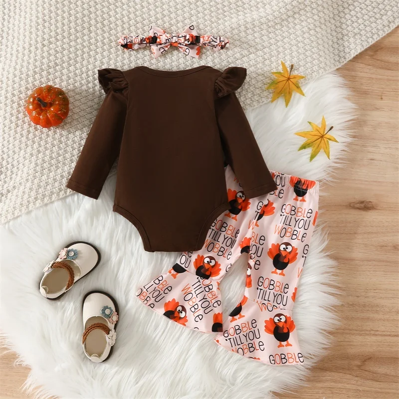 Baby Girls Fall Thanksgiving Outfits Letter Print Long Sleeves Romper and Turkey Print Flared Pants Headband Set