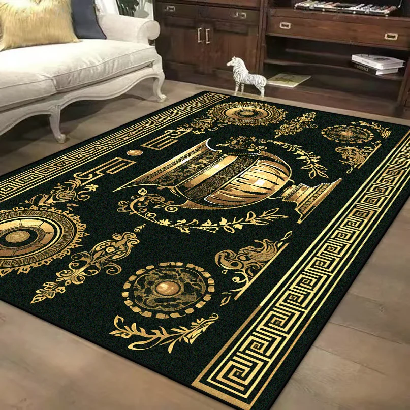 

Marble Style Luxury Golden Pattern Large Living Room Rug Machine Washable Office Lounge Decor Carpet Soft Sofa Table Mat Flannel