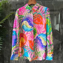 Camisa feminina solta estampada em cetim, blusas vintage, gola polo, roupa elegante, moda primavera e verão, tops de seda