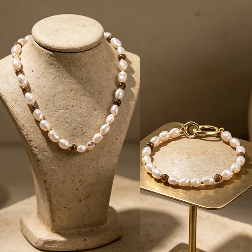 

Freshwater Pearl & Tiger Eye Necklace Bracelet Clasp Luxury for Women Fashion Charm Choker White Beads Collar Jewelry Set Gifts