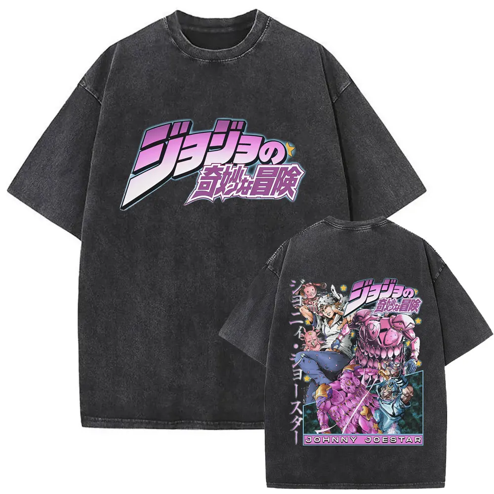 

Washed Vintage Anime JoJo's Bizarre Adventure STEEL BALL RUN Johnny Joestar Graphic T Shirts Men Casual Retro Oversized T-shirts
