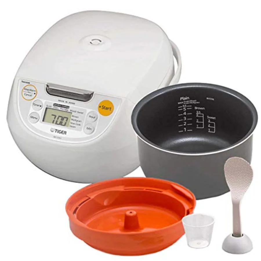 Tiger Japan Made SynchroCooking Olla arrocera y calentador Micom de 5,5 tazas con 10 configuraciones de menú de cocina Inne antiadherente de acero inoxidable