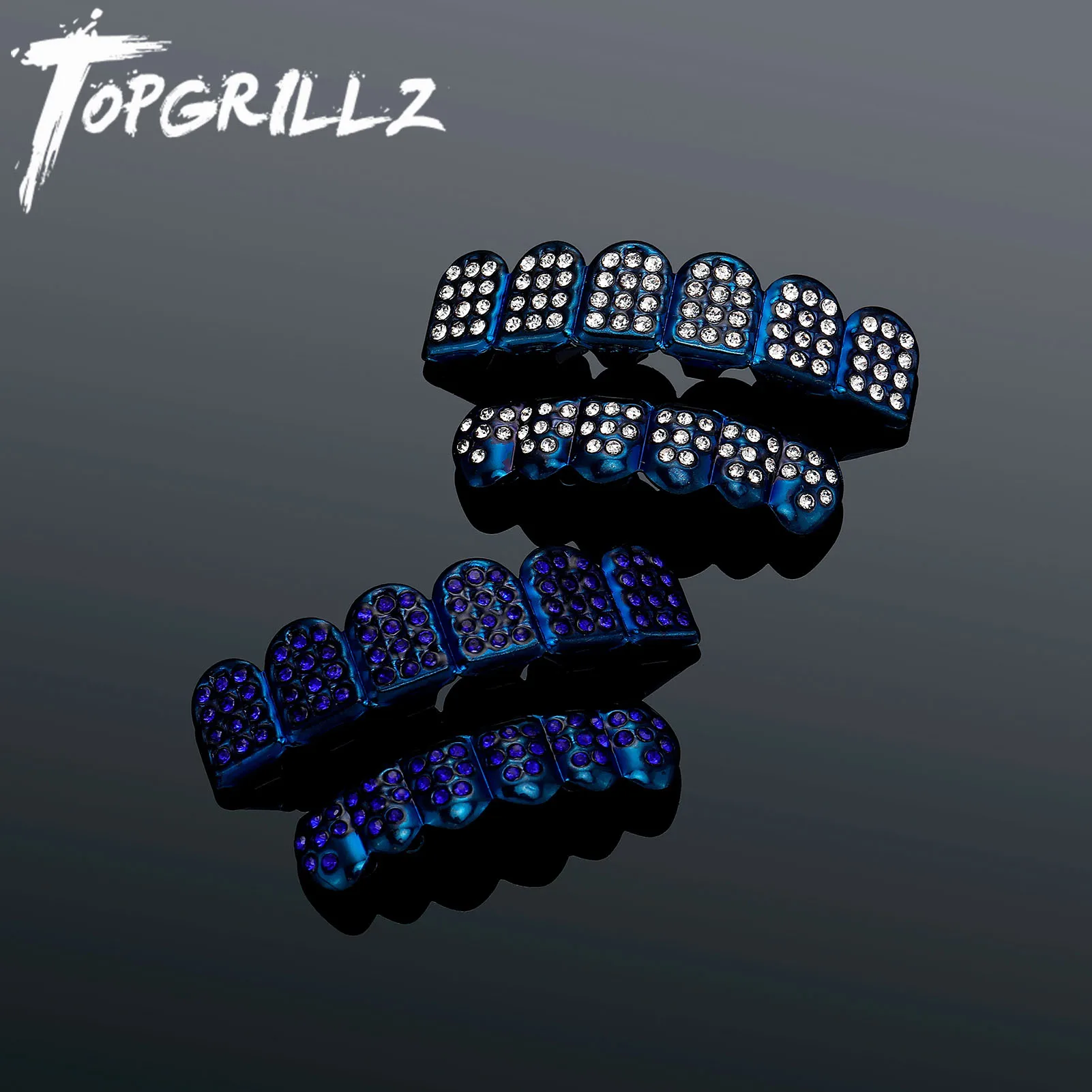 TOPGRILLZ Iced Out CZ Stones Teeth Grillz Fashion Blue Cubic Zircon 6 Top&6 Bottom Tooth Caps For Women Men Cosplay Party Jewely